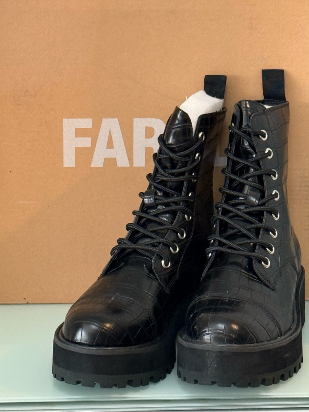 Faryl by Farylrobin Cammy Black Croc Combat Boots Lug Sole Size 8 - Picture 2 of 7